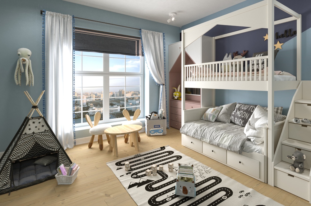 Mẫu thiết kế nội thất căn hộ 80m² 3 phòng ngủ cho phòng ngủ trẻ em