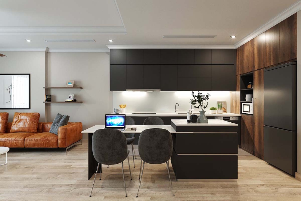 Thiết kế nội thất căn hộ chung cư 65m² phòng khách liền bếp