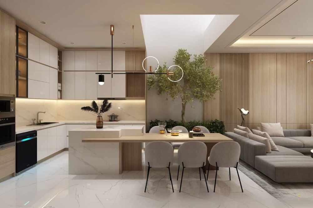 Thiết kế nội thất căn hộ chung cư 65m² phòng khách liền bếp