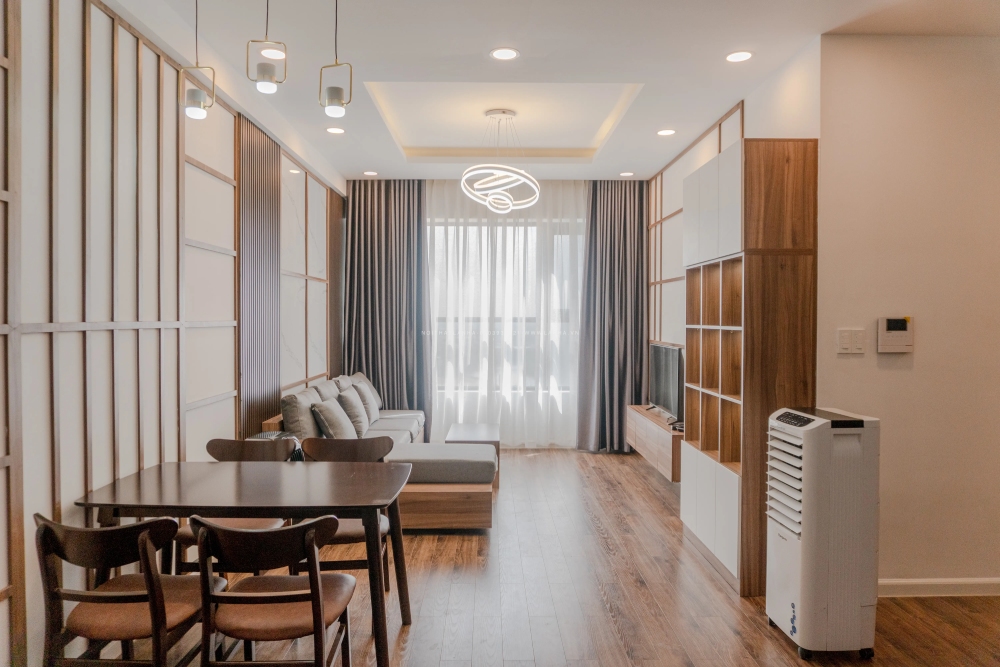 Thiết kế nội thất căn hộ chung cư 65m² phòng khách liền bếp