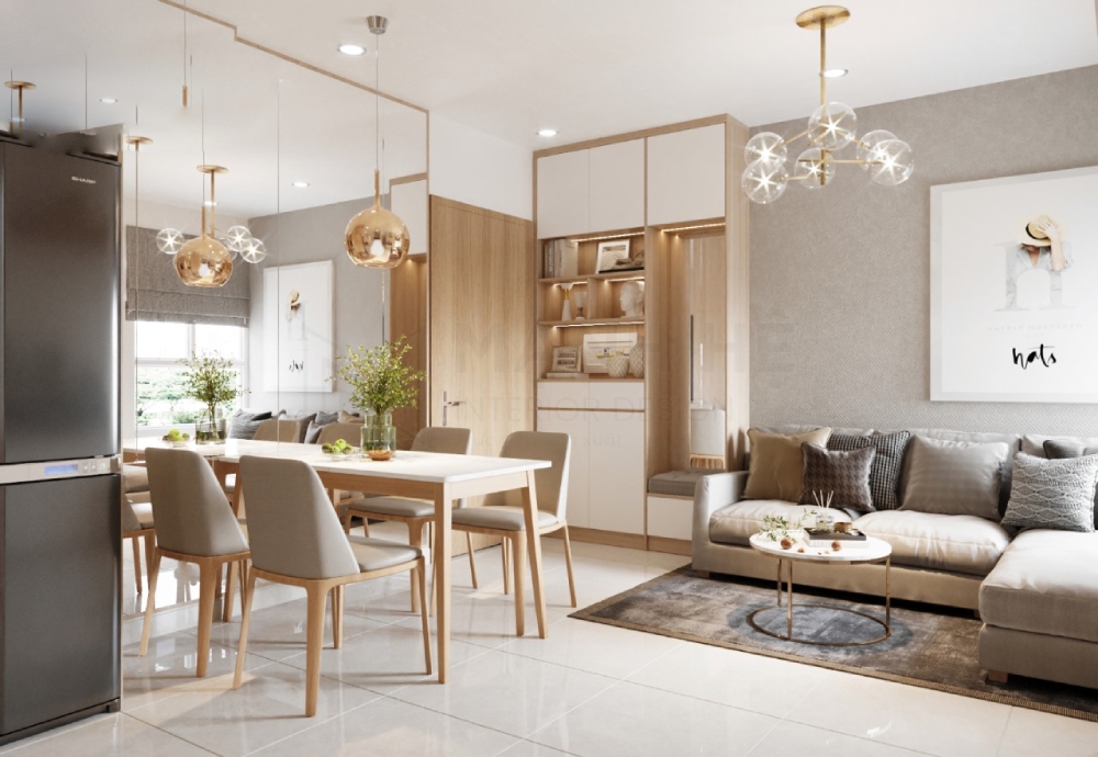 Thiết kế nội thất căn hộ chung cư 65m² phòng khách liền bếp