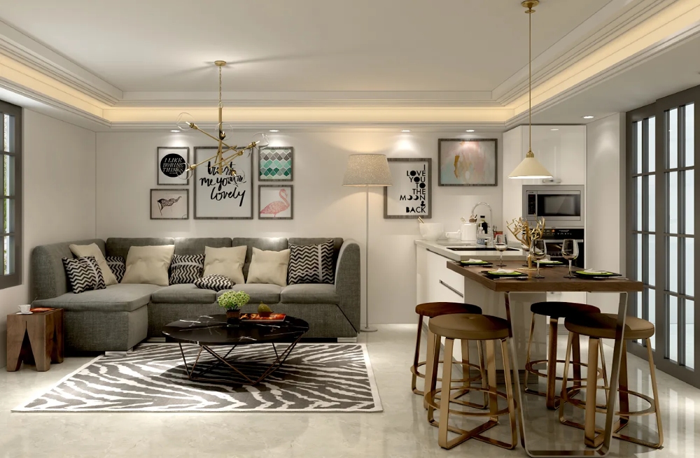 Mẫu thiết kế nội thất chung cư 60m² phòng khách và bếp