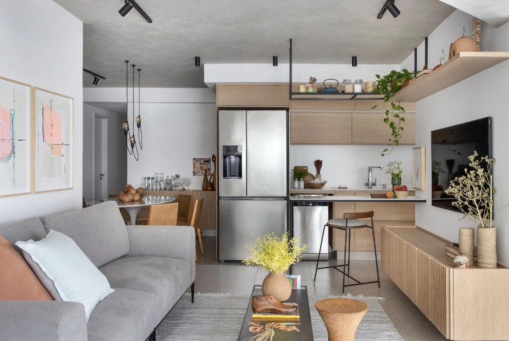 Mẫu thiết kế nội thất chung cư 60m² phòng khách và bếp