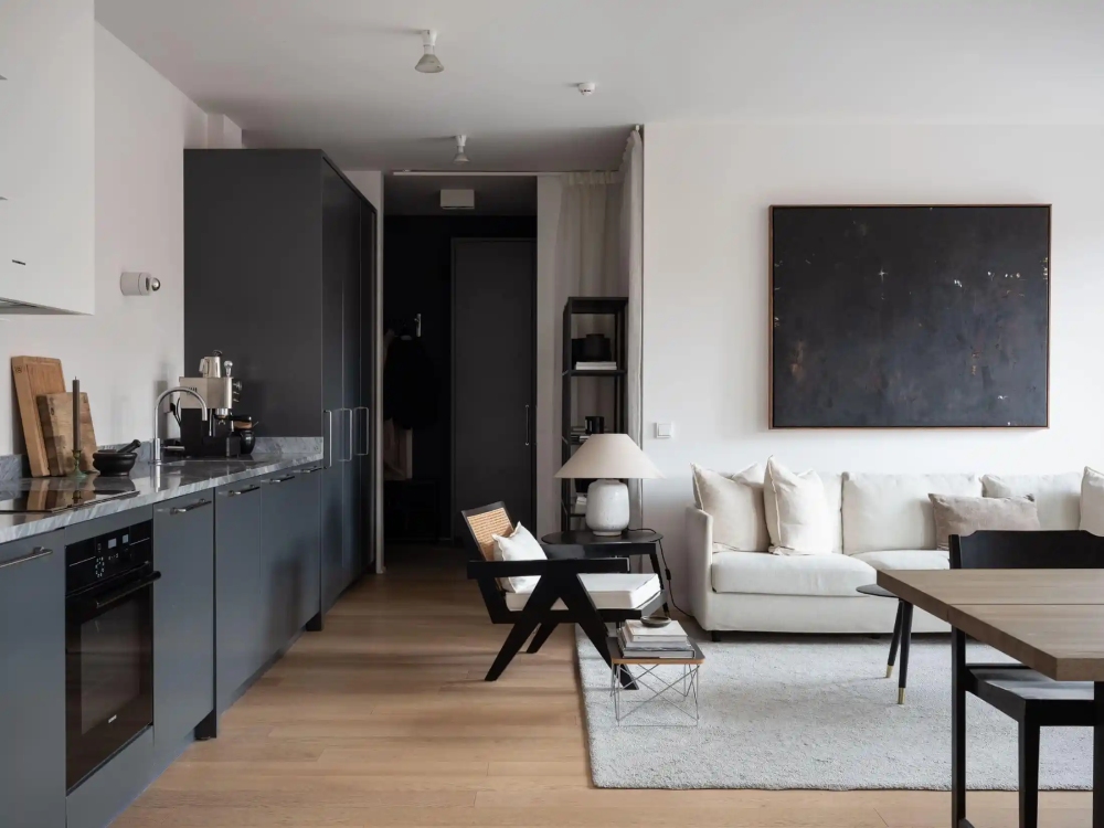Mẫu thiết kế nội thất chung cư 60m² phòng khách và bếp