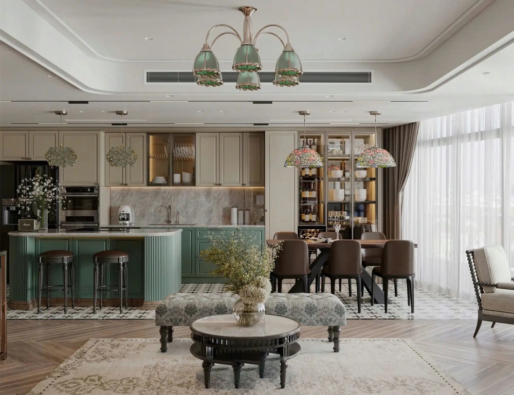 Thiết kế nội thất chung cư phong cách Indochine cho phòng bếp