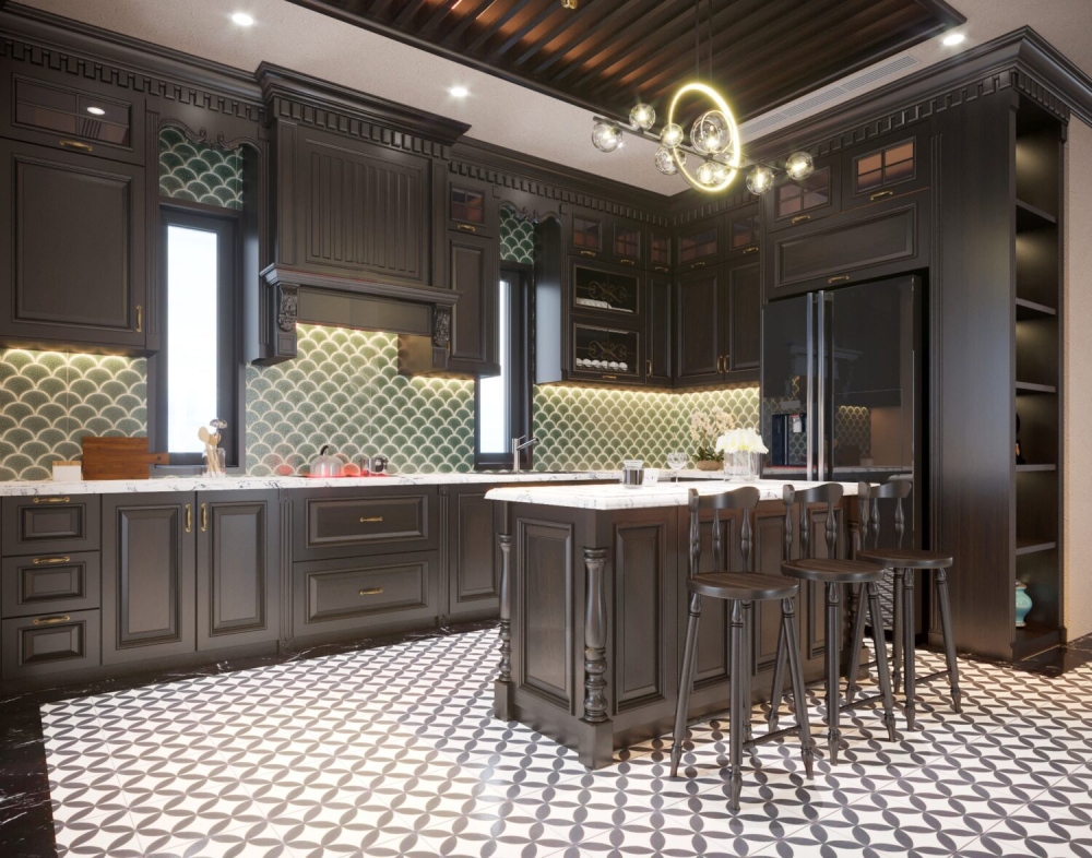 Thiết kế nội thất chung cư phong cách Indochine cho phòng bếp