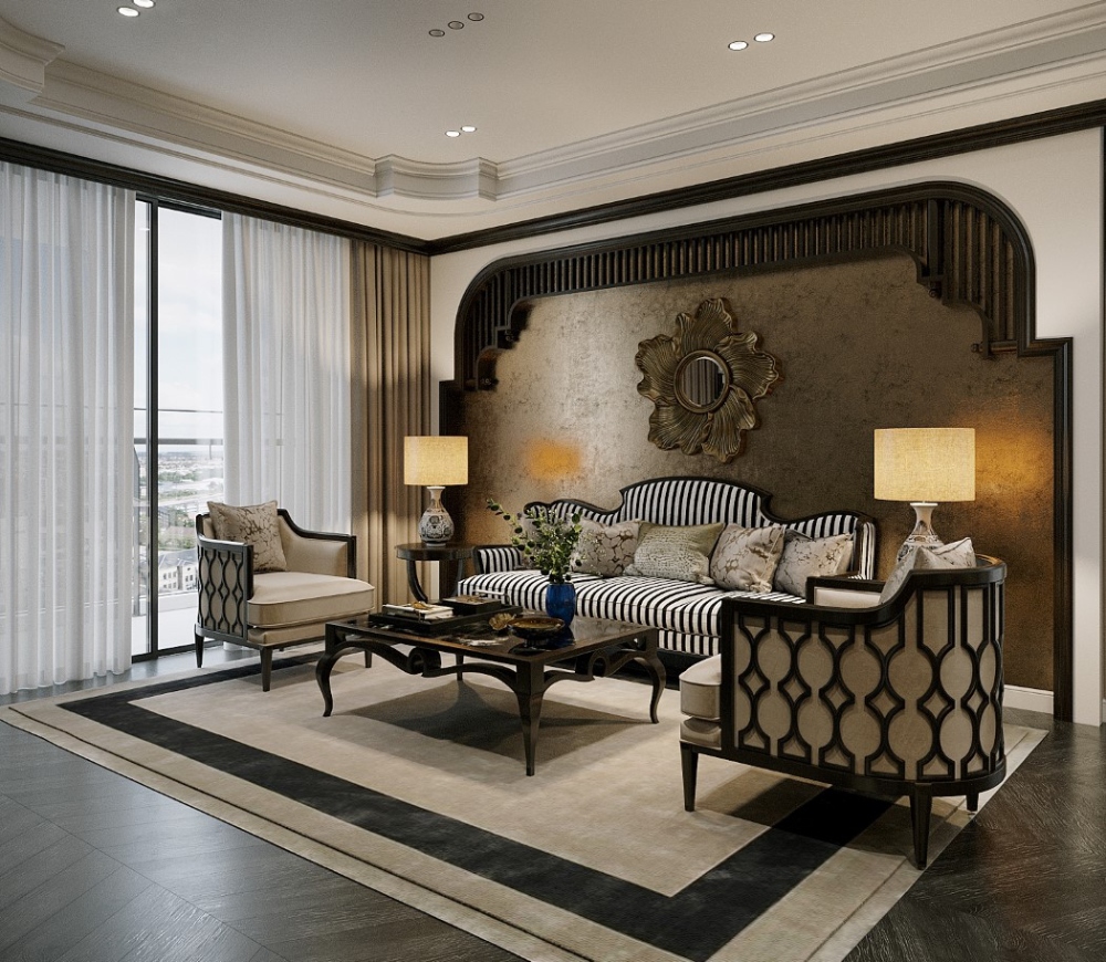 Thiết kế nội thất chung cư phong cách Indochine cho phòng khách
