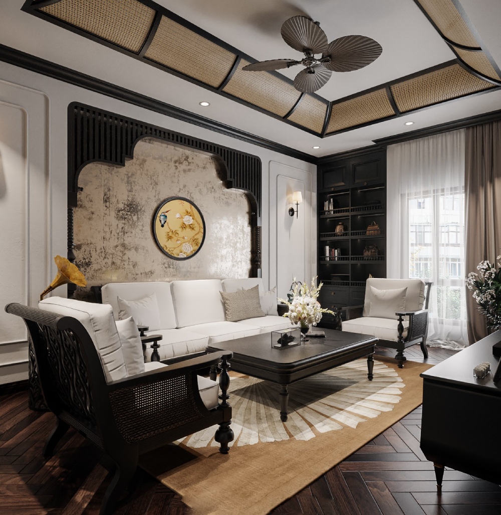 Thiết kế nội thất chung cư phong cách Indochine cho phòng khách
