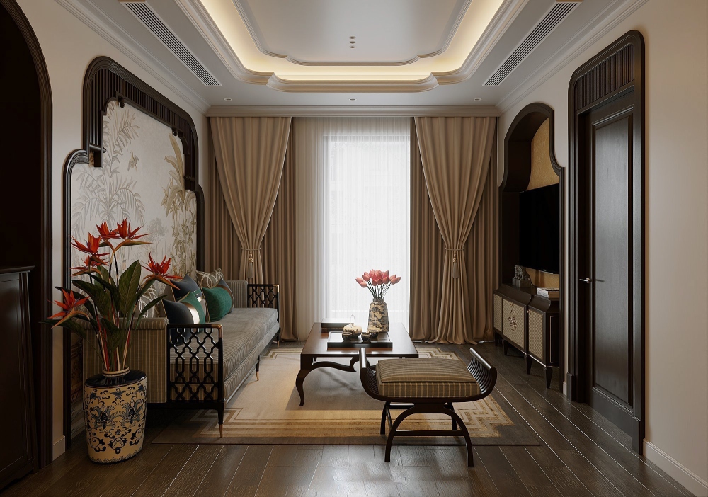 Thiết kế nội thất chung cư phong cách Indochine cho phòng khách