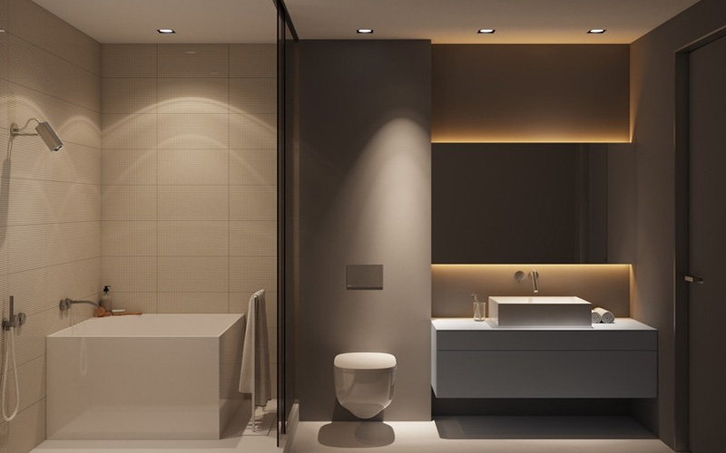 Mẫu ánh sáng phòng tắm với 2 tone màu khác nhau cho từng khu vực