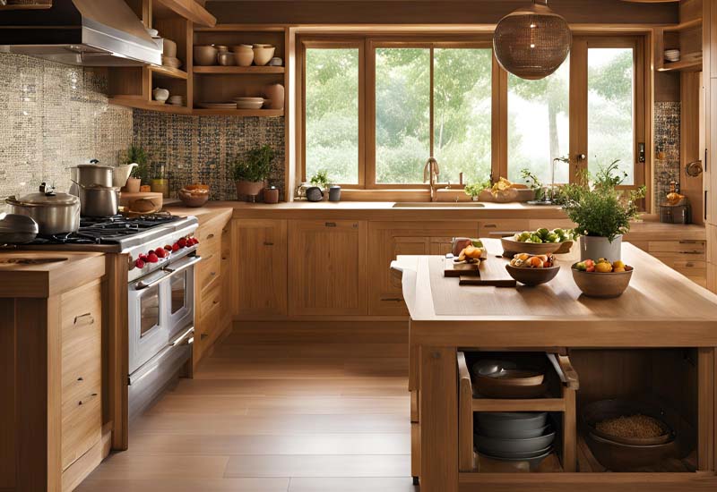 Phòng bếp bằng gỗ cho cảm giác nhẹ nhàng, mộc mạc