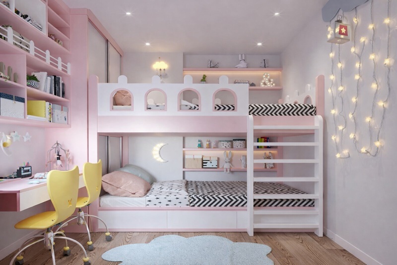 Phong cách trang trí phòng ngủ cho bé gái hiện đại kết hợp giường tầng thông minh