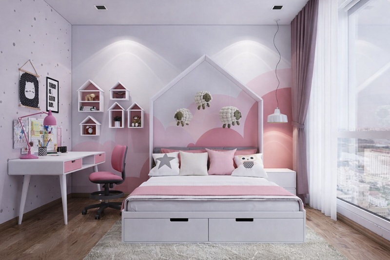 Cha mẹ có thể tận dụng hệ thống ngăn kéo dưới gầm giường để làm nơi lưu trữ đồ chơi 