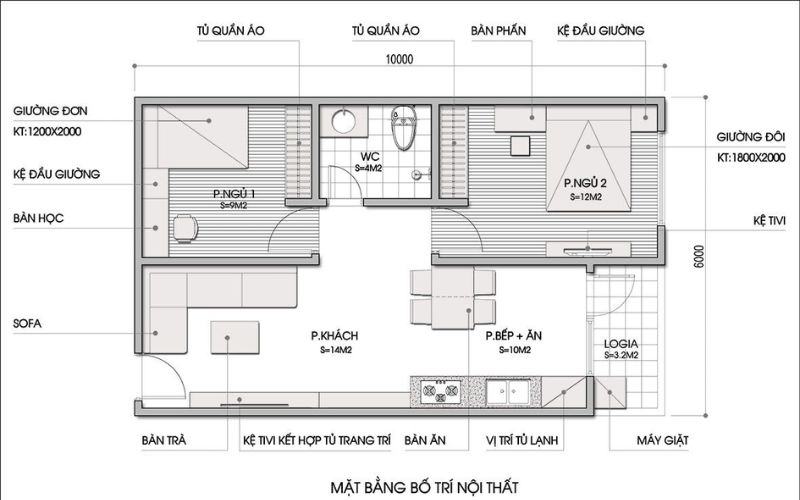 Sơ đồ bố trí mặt bằng 2D cho nhà diện tích 50m2