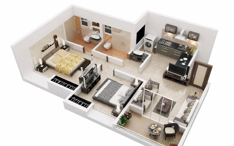 Cần phân bổ diện tích giữa phòng khách và 2 phòng ngủ hợp lý