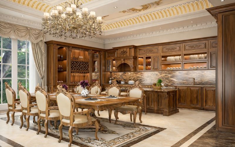 Đèn thả trần phía trên bàn ăn tạo điểm nhấn thị giác mạnh mẽ cho tổng thể