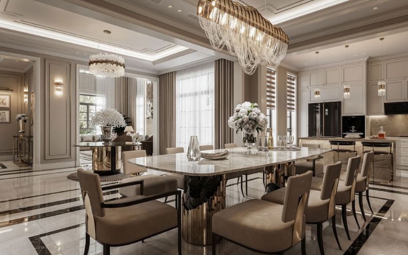 Lựa chọn các loại bàn ăn cỡ lớn và đèn thả trần phía trên bàn ăn
