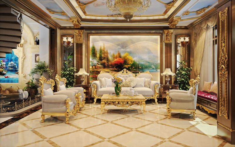 Thiết kế các đường phào chỉ trên tường bao quanh những bức tranh sơn dầu khổ lớn