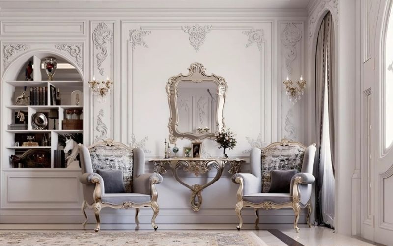 Những đường nét chạm trổ chạy dọc trần nhà và chân tường là nét đặc trưng của phong cách này