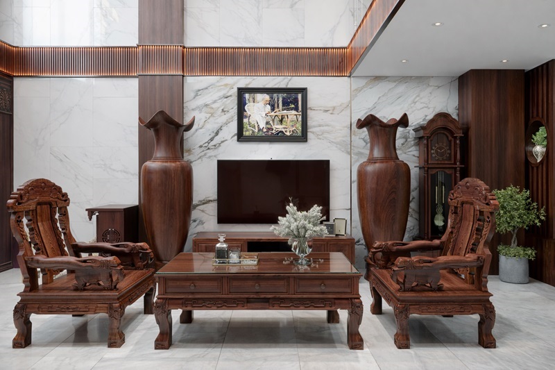 Phong cách trang trí phòng khách nhà ống sang trọng, quyền quý với gỗ tự nhiên